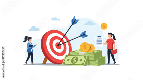Successful business target and financial achievement concept with team focusing on goal near money stacks and documents.