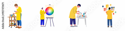 Artists and designers engaged in various stages of creative color work, from selecting paints to mixing palettes and arranging swatches, illustrating the artistic process.