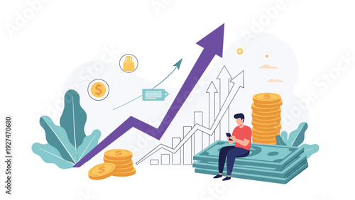 Professional investor sitting on cash stacks analyzing market growth on mobile phone with rising success arrow.