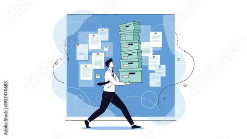 Busy overloaded employee carrying heavy stack of archive boxes in front of bulletin board with sticky notes background.