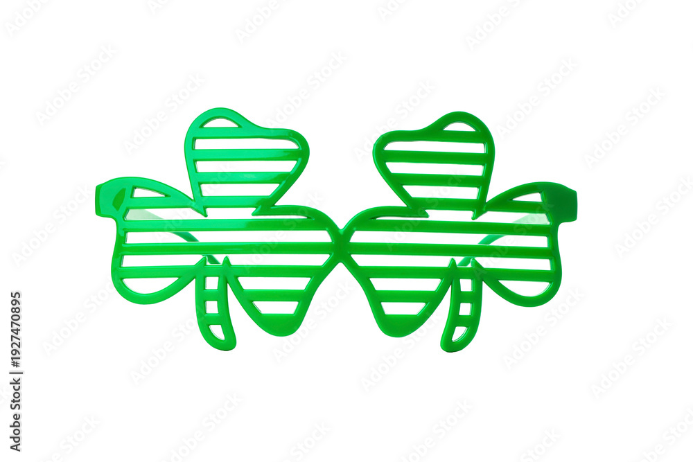 Obraz premium Green shamrock-shaped glasses with striped design, isolated, PNG