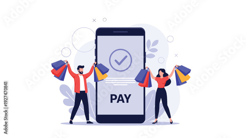 Mobile shopping and digital payment success concept with happy customers and smartphone screen showing pay.