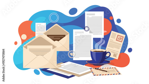 Business correspondence and office workspace concept with open envelopes documents and blue coffee cup icon.