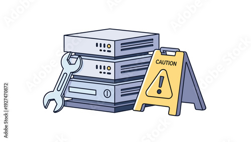 Server maintenance and technical support concept with computer hardware wrench and caution warning sign.