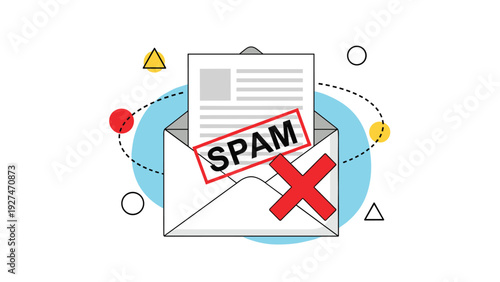 Email spam protection and cybersecurity concept with envelope marked spam and red cross protection symbol.