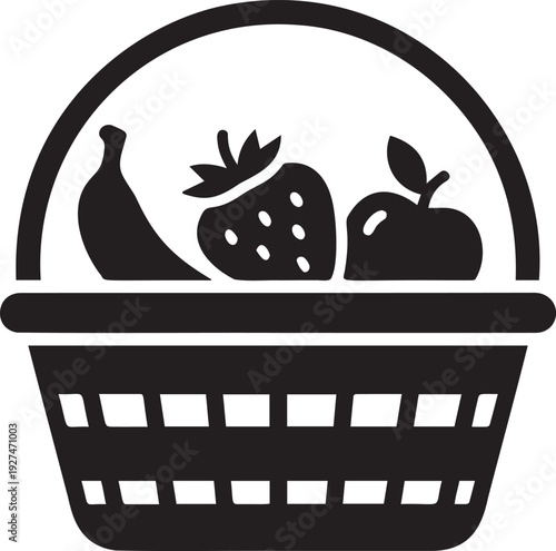 Simple vector illustration of fruit basket containing banana strawberry and apple silhouette with curved handle on background