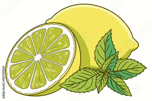 A vibrant vector illustration of a lemon with a slice and leaves on a white background