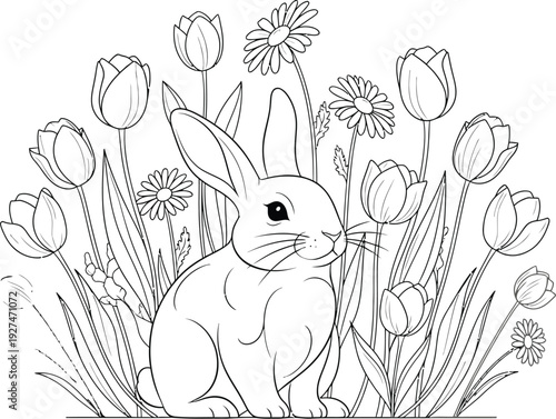 Adorable cartoon rabbit surrounded by an abundance of cheerful spring flowers, including beautiful tulips and delicate daisies, ready for a delightful coloring page activity.