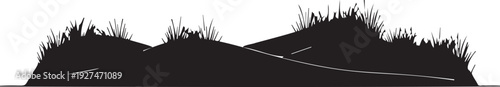 Dark silhouette of grass hills and rolling dunes landscape element for outdoor nature scene composition isolated on background
