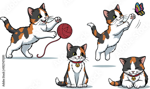  Playful calico kitten character set with different poses vector illustration.