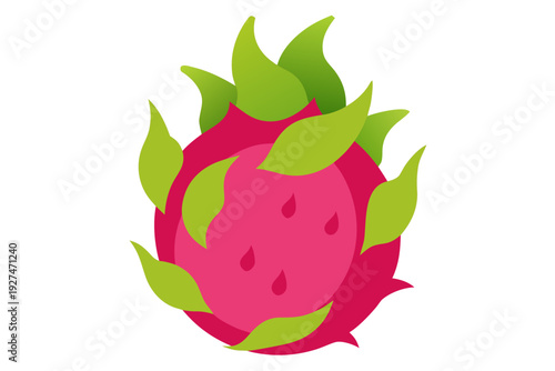 A vibrant pink dragon fruit with green leaves on a white background
