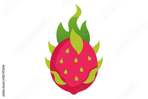 A vibrant illustration of a dragon fruit with green leaves and flames on a white background