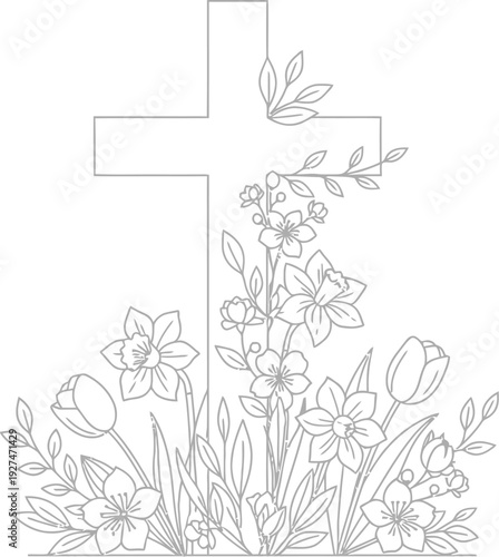 Elegant outline drawing featuring a Christian cross surrounded by blooming spring flowers symbolizing faith hope and seasonal renewal in delicate art