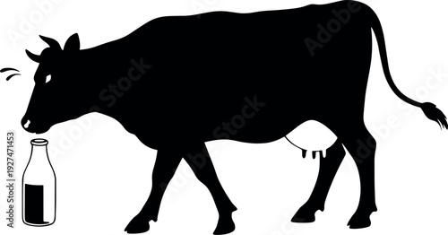Silhouette Cow Drinking from Bottle on White Background