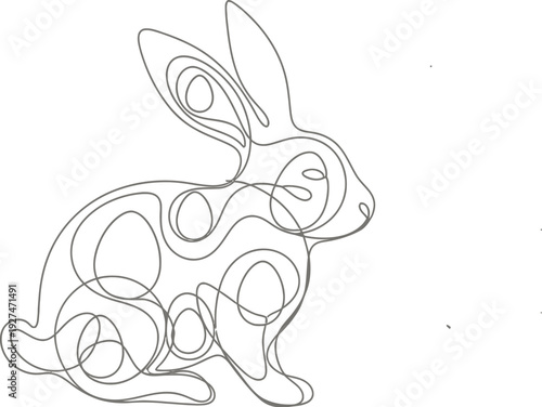 Minimalist continuous line art drawing depicting a charming abstract rabbit design composed entirely of looping, flowing single strokes on a neutral background.