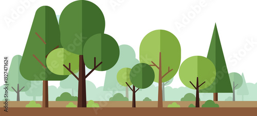 Vector illustration of a dense forest with various types of trees and lush foliage, representing nature and conservation