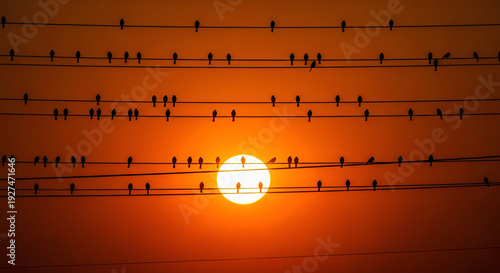 Silhouettes of birds perched on power lines at sunset. Dramatic orange sky with glowing sun, creating a calm and artistic evening atmosphere.