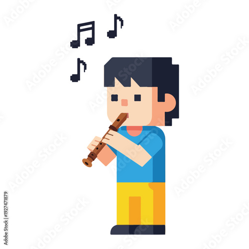 Young Boy Playing Flute with Music Notes