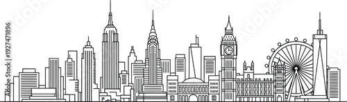 Minimalist black and white line art skyline illustration blending iconic landmarks from both New York City and London architecture seamlessly together.