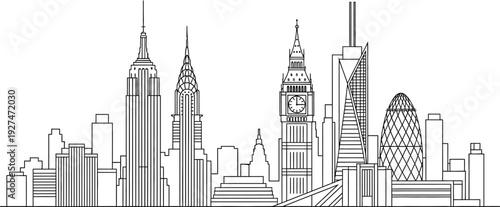 Iconic global city skyline vector illustration featuring famous architectural landmarks from New York and London, rendered in a minimalist black outline style on a clean white background.