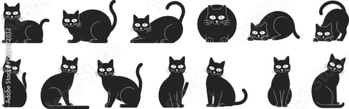 Collection of Black Cat Silhouettes in Various Poses and Expressions Keywords: cat, silhouette, black, feline, animal, pet