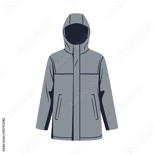 Gray hooded parka jacket illustration. Fashion outerwear, casual clothing, winter apparel