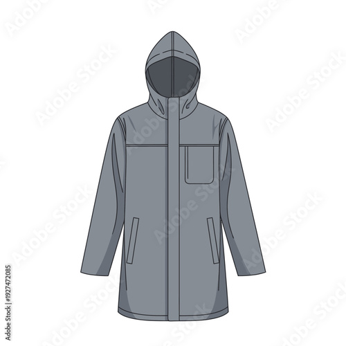Gray hooded jacket flat illustration, fashion design sketch