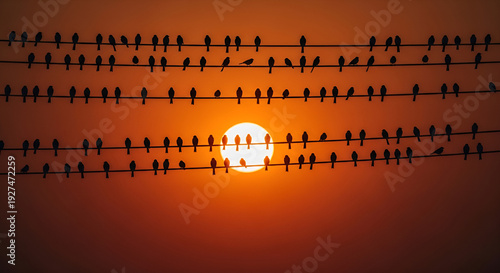 Silhouettes of birds perched on power lines at sunset. Dramatic orange sky with glowing sun, creating a calm and artistic evening atmosphere.
