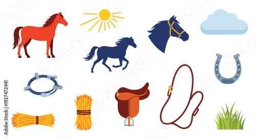 A collection of cartoon-style illustrations featuring horses, saddles, hay bales, a horseshoe, a lasso, a sun, and a cloud, representing equestrian activities and farm life.