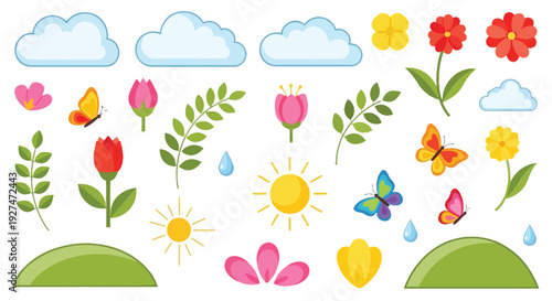 A vibrant collection of spring-themed illustrations featuring blooming flowers, fluttering butterflies, fluffy clouds, and a shining sun.