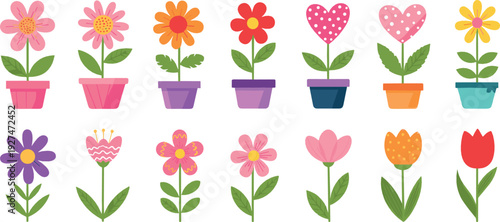 Cute Cartoon Flowers in Pots and Garden Blooming Floral Vector Collection