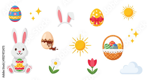 A cheerful Easter-themed illustration featuring a cute bunny, decorated eggs, a basket of eggs, flowers, and sunny skies.