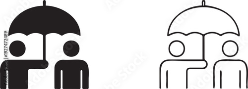 Set of 2 Insurance Protection Icons Vector: Black Solid and Outline Style for Safety, Coverage, and Support Concepts