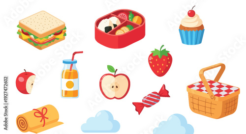 A vibrant collection of picnic items, including a sandwich, bento box, cupcake, fruits, juice, candy, and a picnic basket, set against a white background.