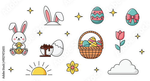 A collection of cute, cartoon-style Easter-themed illustrations including a bunny, decorated eggs, a basket, a tulip, a sun, a cloud, and stars.