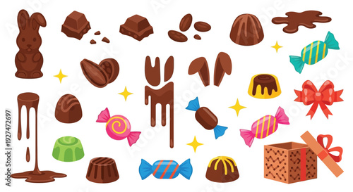 A vibrant collection of various chocolate candies, including a chocolate bunny, bonbons, truffles, and wrapped sweets, arranged with decorative elements like stars and a gift box.