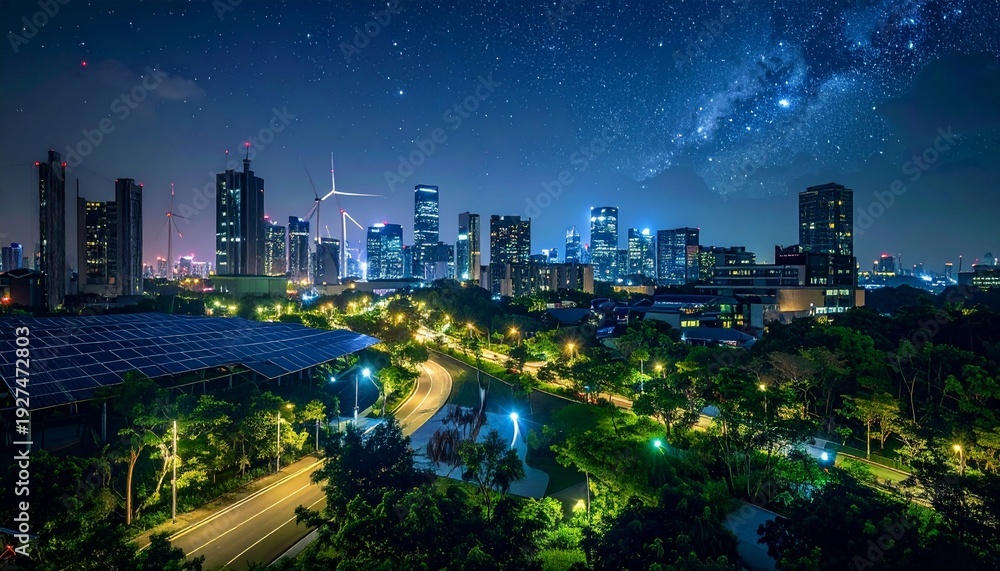 Obraz premium Nighttime cityscape with illuminated buildings and starry sky.