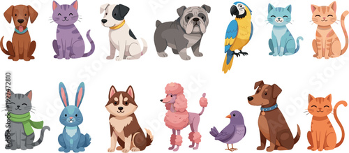 Cute Domestic Pets Collection with Dogs, Cats, Parrot, Bunny and Poodle Cartoon Flat Vector Illustration Set