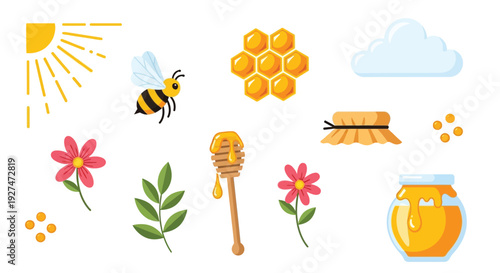 A charming collection of bee and honey-themed illustrations, featuring a buzzing bee, honeycomb, flowers, a jar of honey, and a sun.