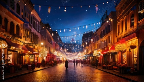 Nighttime street scene with lights and people walking.