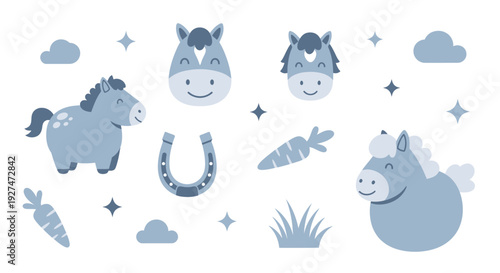 A charming collection of cute blue horse illustrations, featuring playful ponies, smiling horse faces, carrots, horseshoes, clouds, and stars, perfect for children's designs.