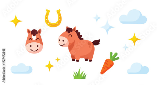 A charming cartoon illustration featuring a happy brown horse, a horseshoe, a carrot, and fluffy clouds, surrounded by sparkling stars and a patch of grass.