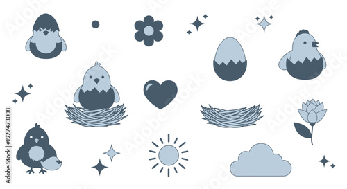 A charming collection of cute, stylized Easter-themed illustrations featuring baby chicks, eggs, nests, flowers, and celestial elements in a soft blue and grey color palette.