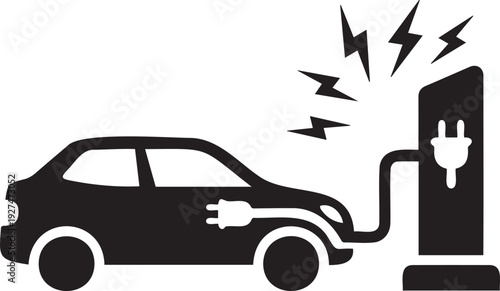 Black silhouette of an electric car charging at a public charging station with lightning bolt symbols