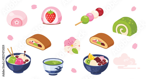 A delightful collection of Japanese sweets and desserts, including mochi, dango, and matcha tea, presented in a charming illustration.