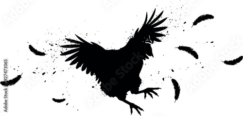 Silhouette of a Flying Crow with Dispersing Feathers on White Background