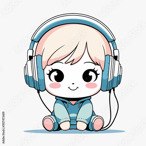 Cute cartoon child wearing blue headphones and matching outfit.