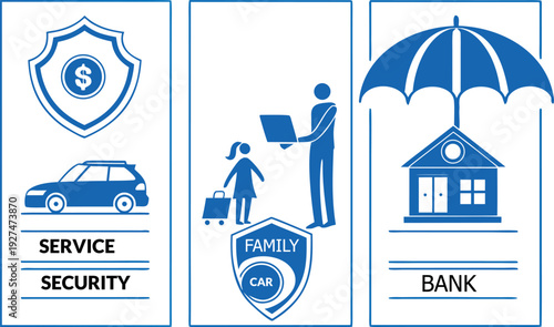 Blue icons for service security, family car, and bank