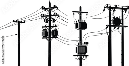 Collection of black silhouette illustrations of electricity poles with transformers and wires power pole