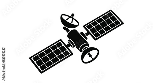 A black silhouette of a satellite with solar panels and antennas